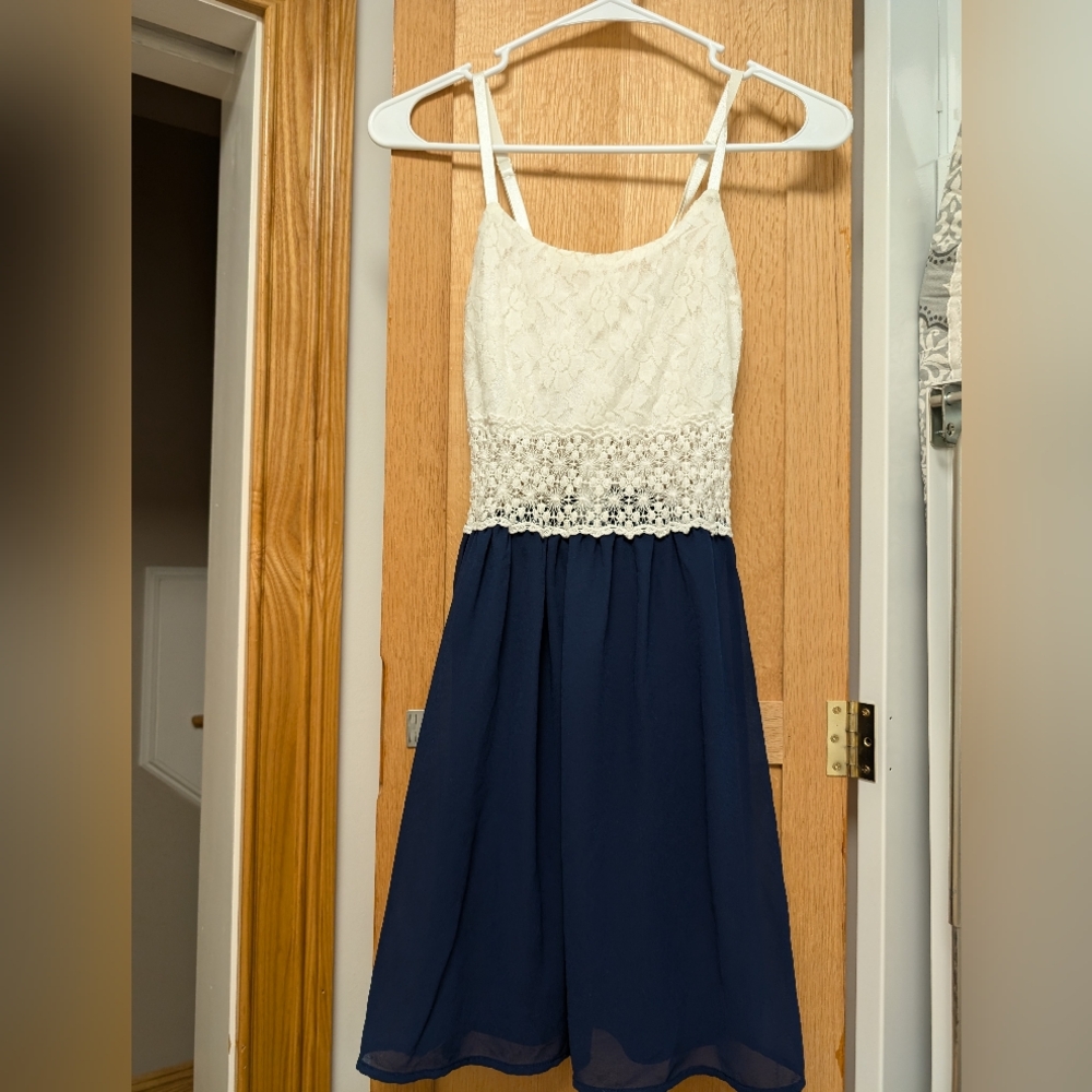 White & Navy Blue Dress with See Through Lace Band - Extra Small (XS)